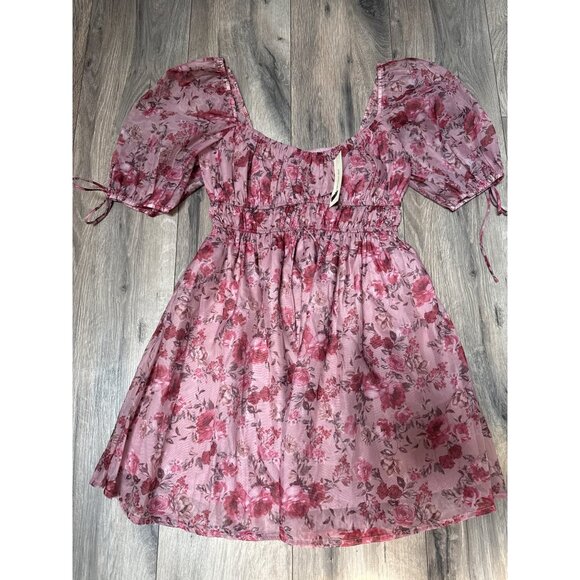 MIAMI For Francescas Whimsical Pink Romanic Floral Puff Sleeve Mini Milkmaid Dre - Picture 1 of 11